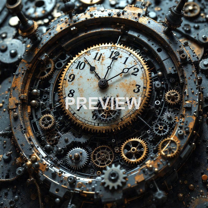 An old, rusted clock with exposed gears and mechanical parts, featuring a worn, cracked face with black numerals and hands indicating the time.